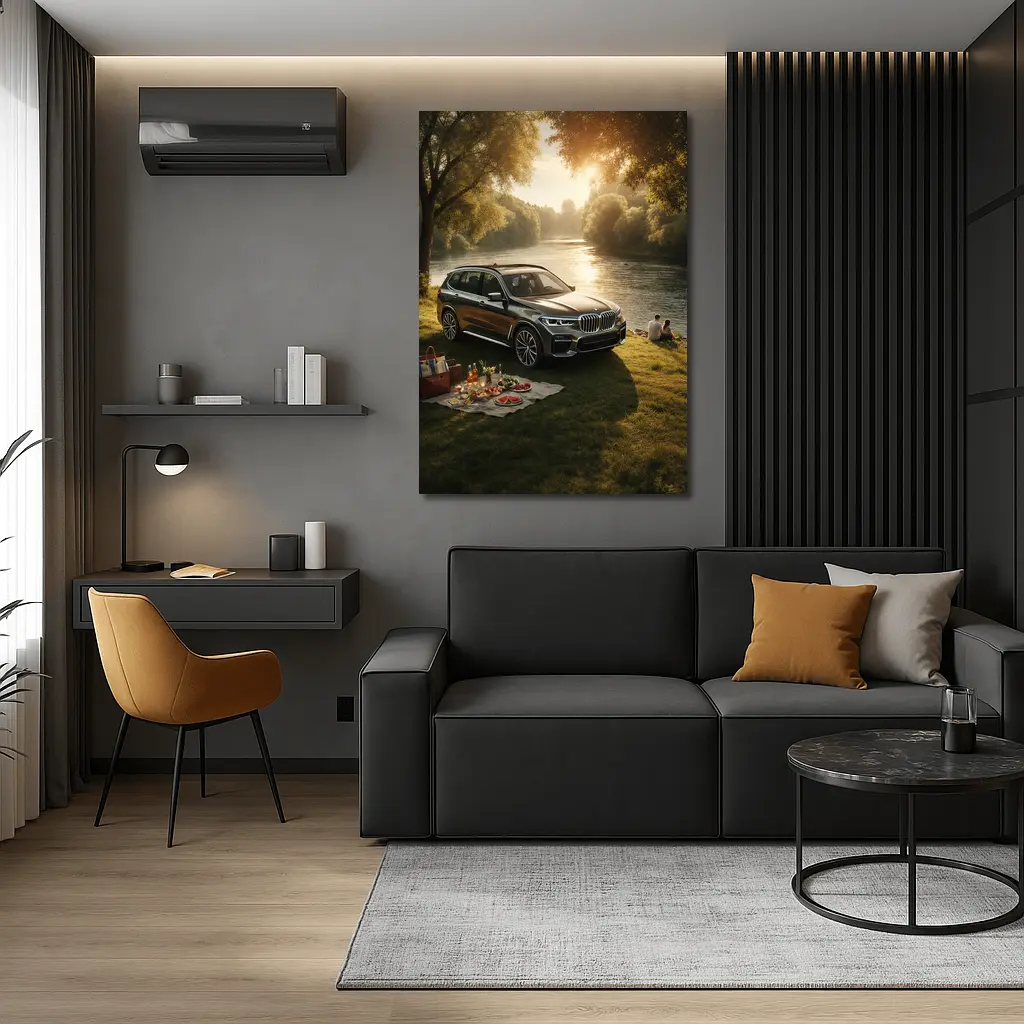 BMW X5 Parked by Sunlit River – Wall Art