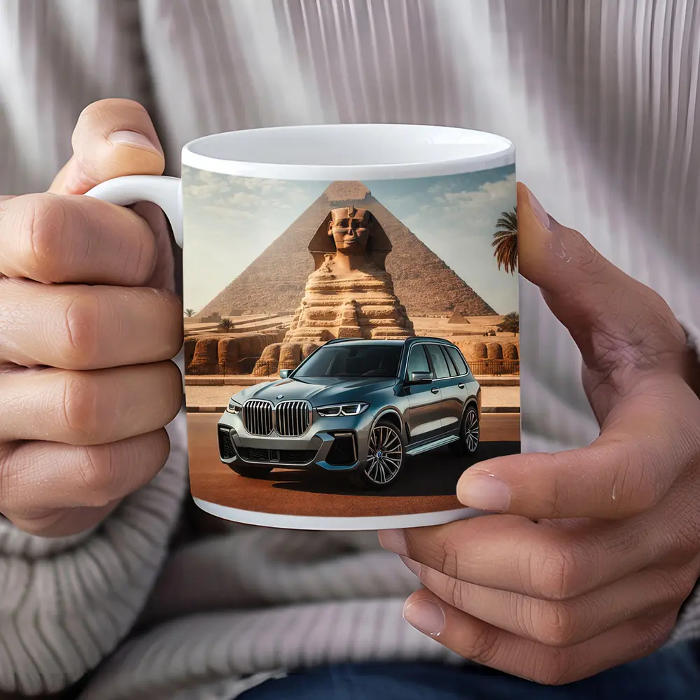 BMW X7 SUV Parked Before Egyptian Sphinx – Mugs
