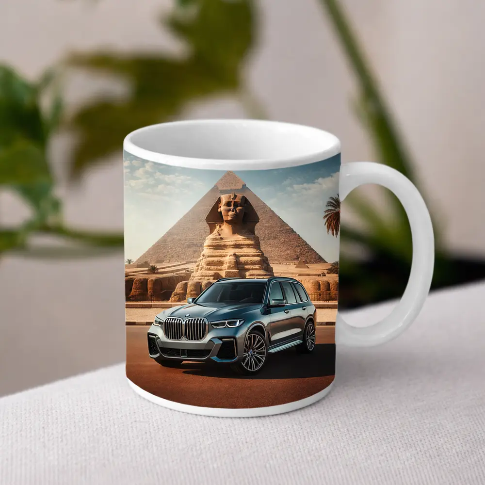 BMW X7 SUV Parked Before Egyptian Sphinx – Mugs