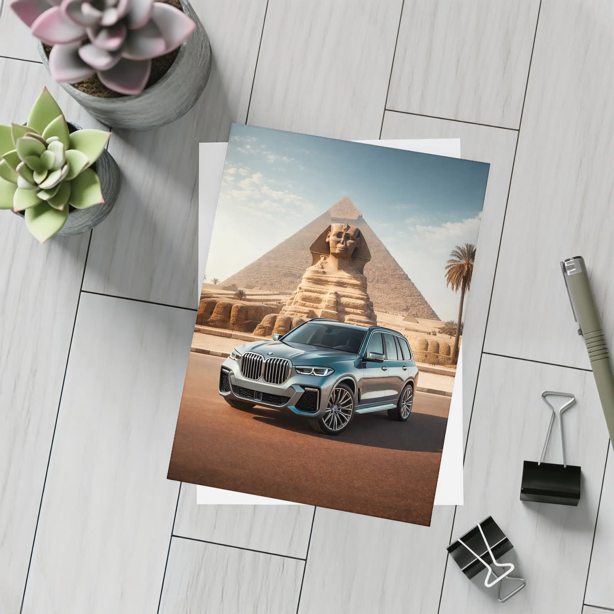 BMW X7 SUV Parked Before Egyptian Sphinx – Postcards
