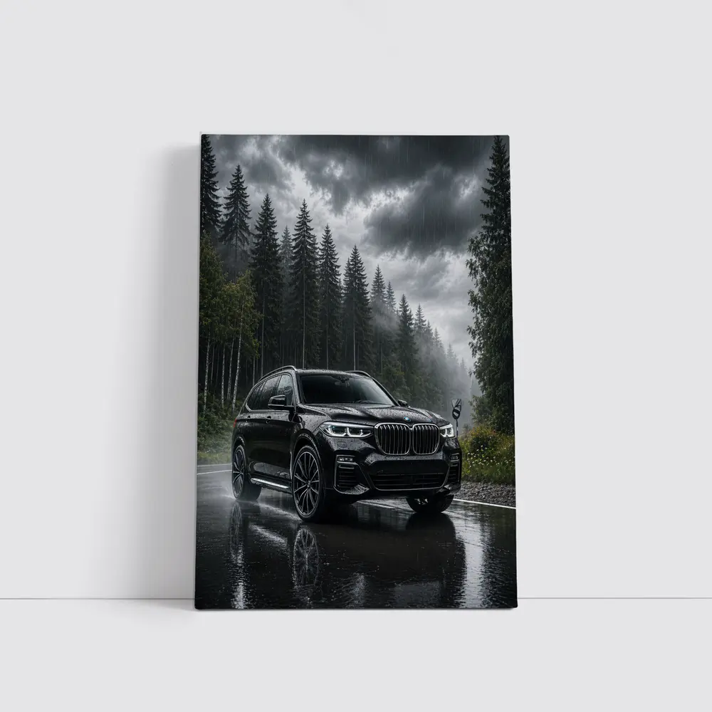 BMW X7 Black SUV Rainy Forest Road – Wall Art
