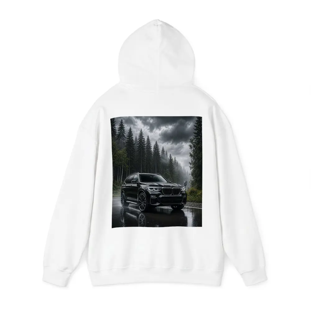 BMW X7 Black SUV Rainy Forest Road – Hoodies