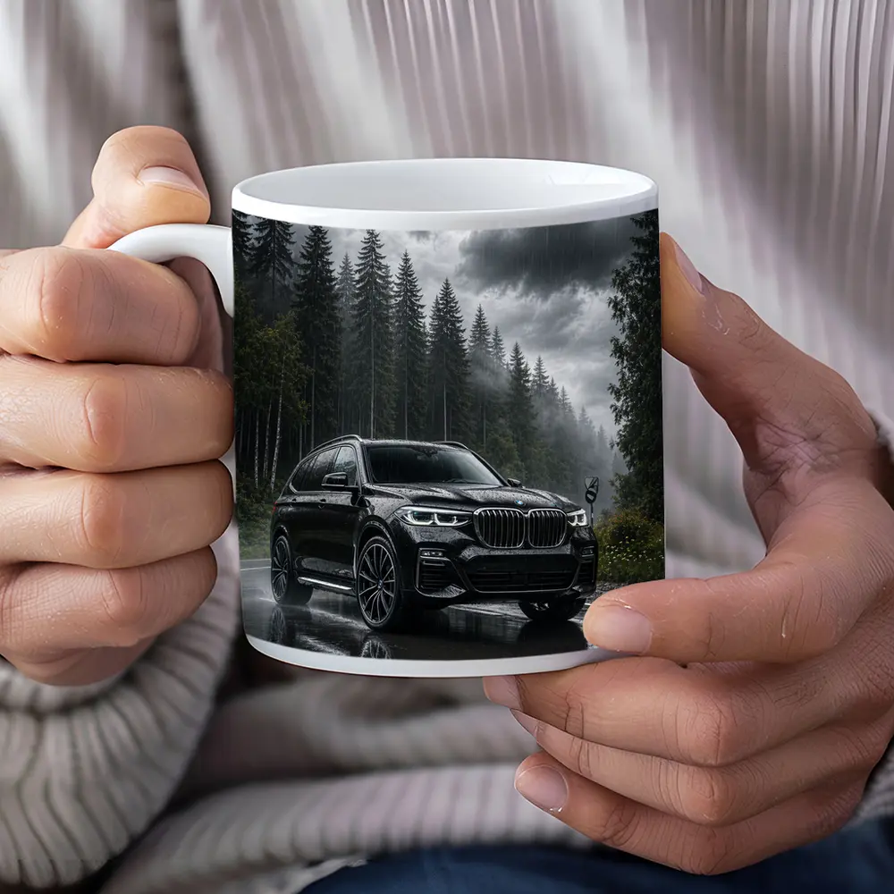 BMW X7 Black SUV Rainy Forest Road – Mugs