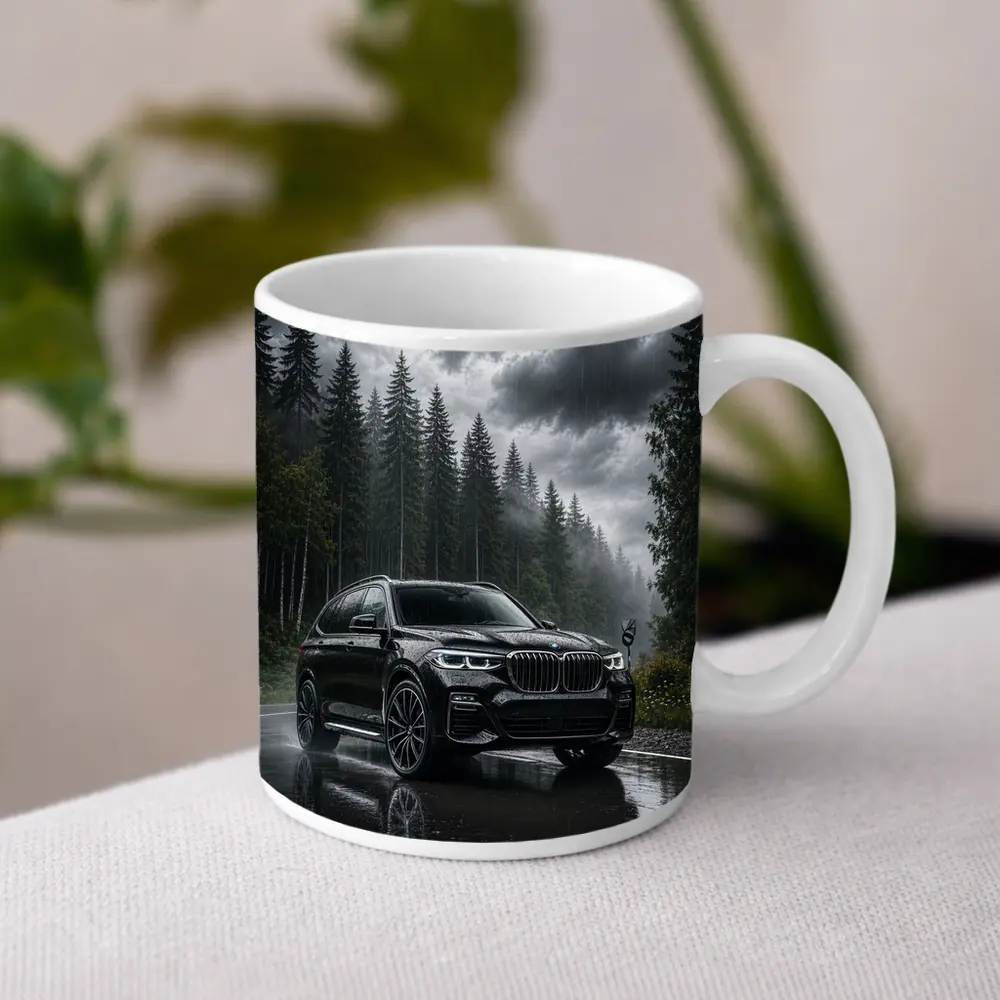 BMW X7 Black SUV Rainy Forest Road – Mugs