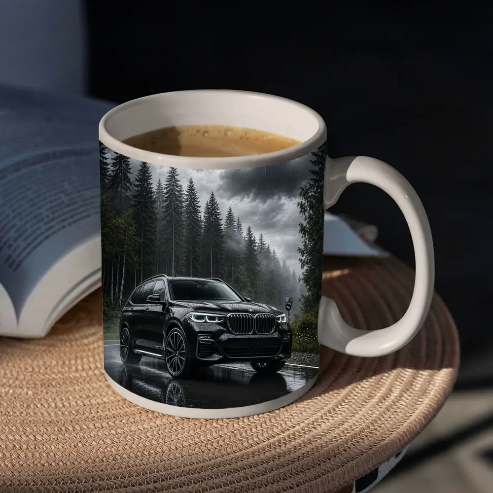 BMW X7 Black SUV Rainy Forest Road – Mugs