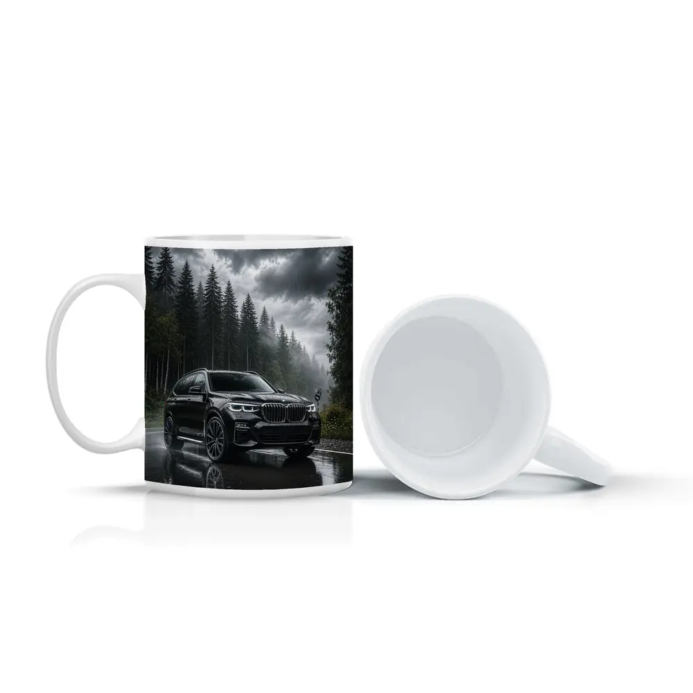 BMW X7 Black SUV Rainy Forest Road – Mugs