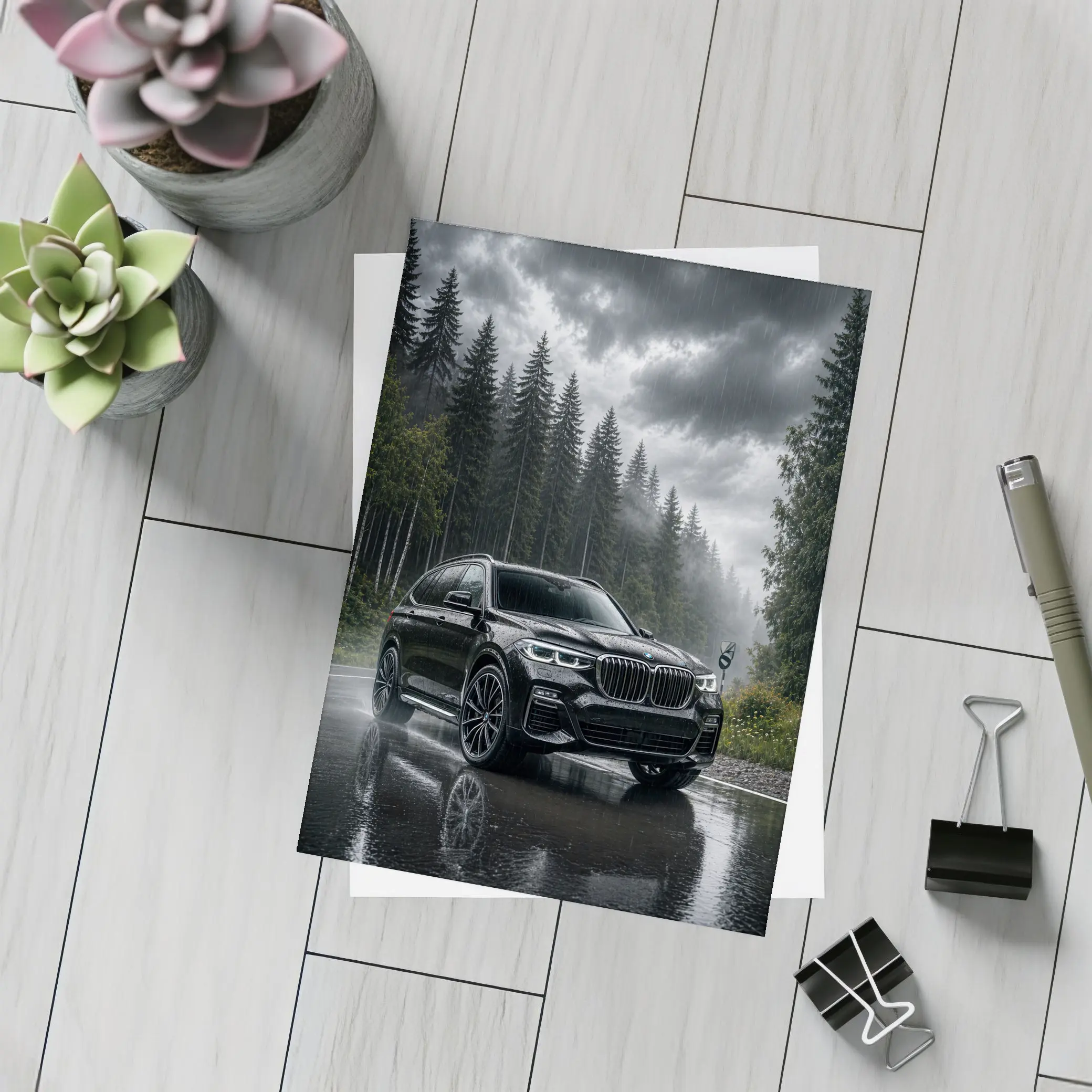 BMW X7 Black SUV Rainy Forest Road – Postcards