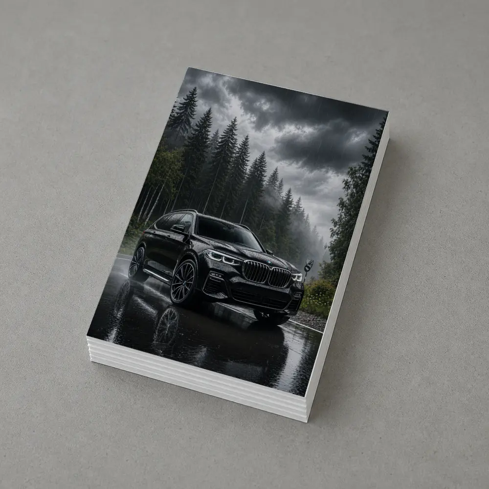 BMW X7 Black SUV Rainy Forest Road – Postcards