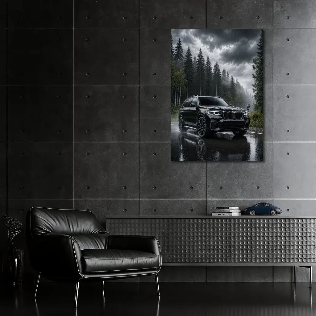 BMW X7 Black SUV Rainy Forest Road – Wall Art