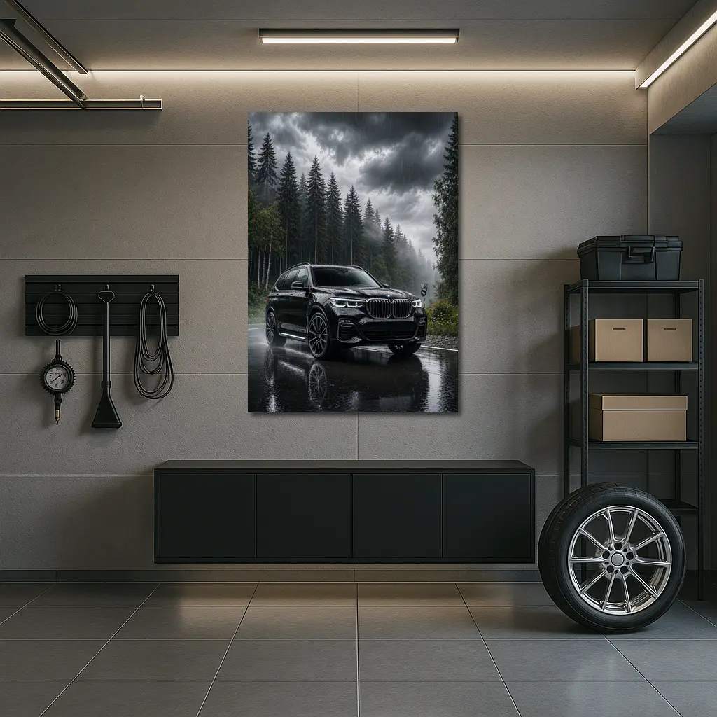 BMW X7 Black SUV Rainy Forest Road – Wall Art