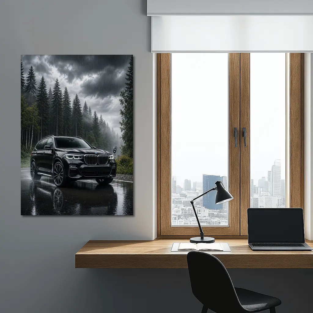 BMW X7 Black SUV Rainy Forest Road – Wall Art