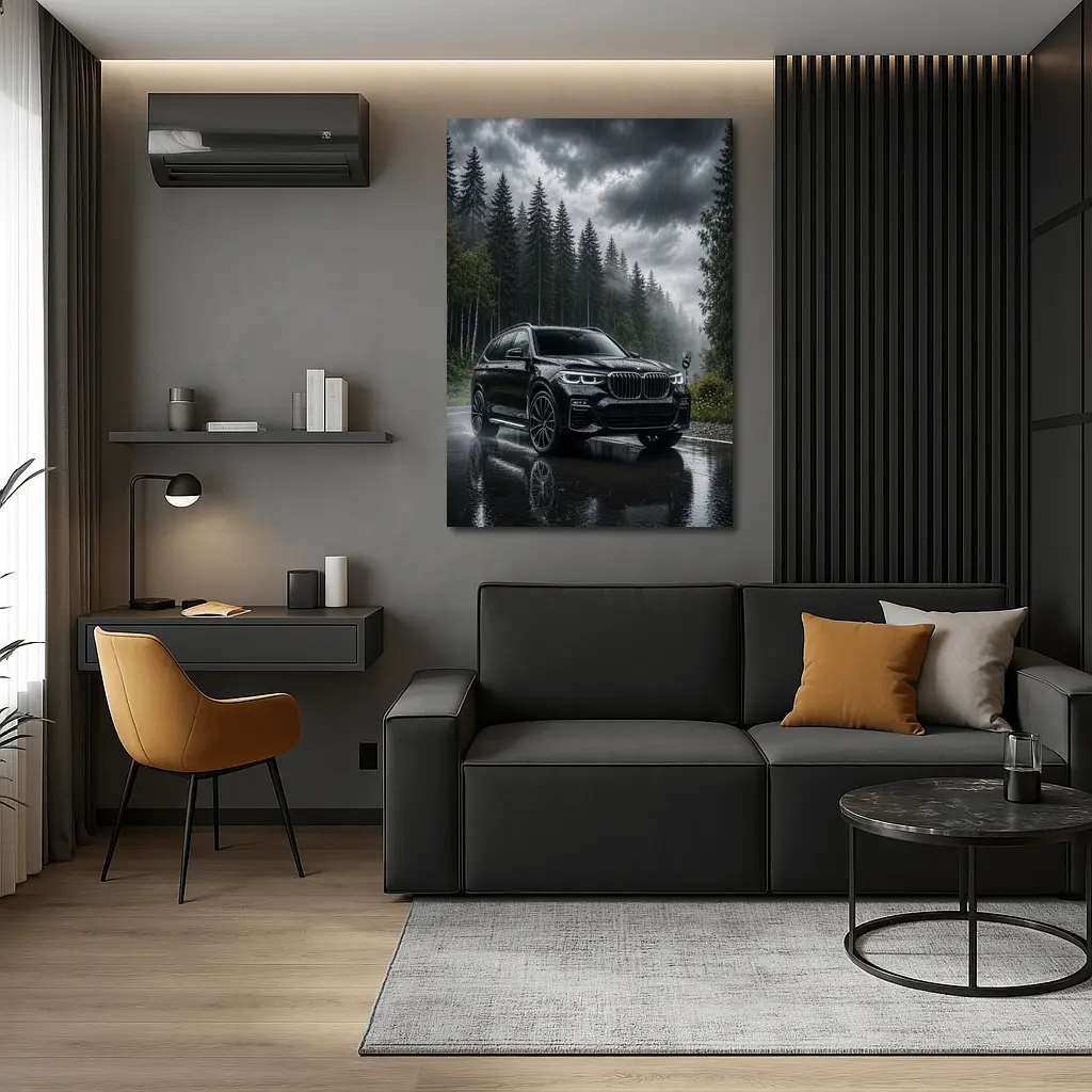 BMW X7 Black SUV Rainy Forest Road – Wall Art