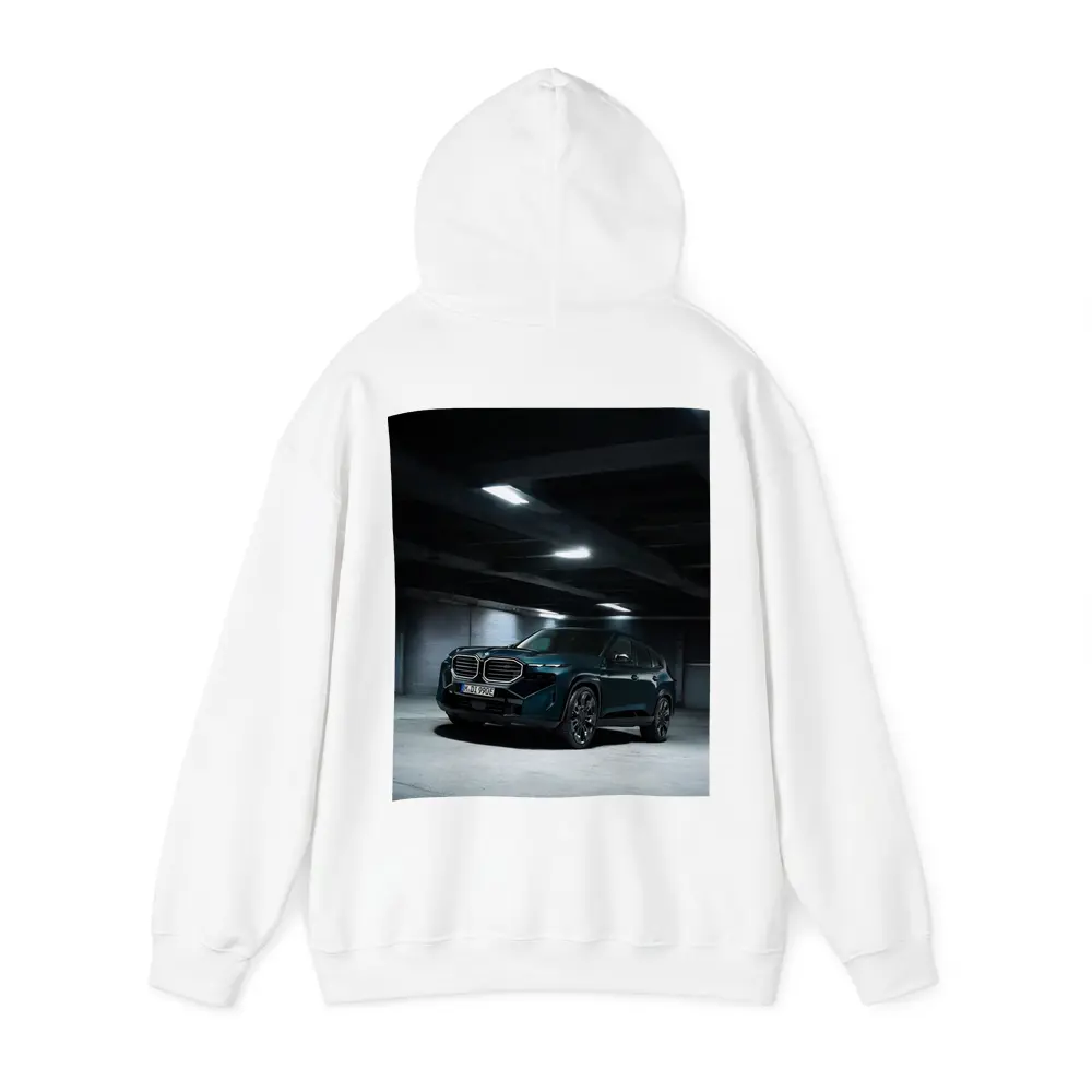 BMW XM Dark Teal Parking Garage Night – Hoodies
