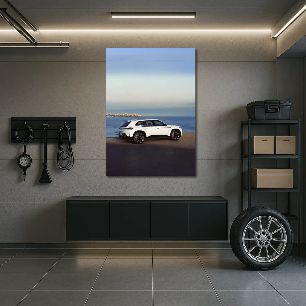 BMW XM White SUV Coastal Ocean View – Wall Art