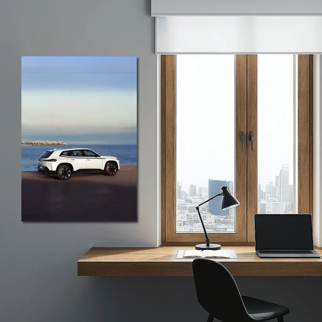 BMW XM White SUV Coastal Ocean View – Wall Art