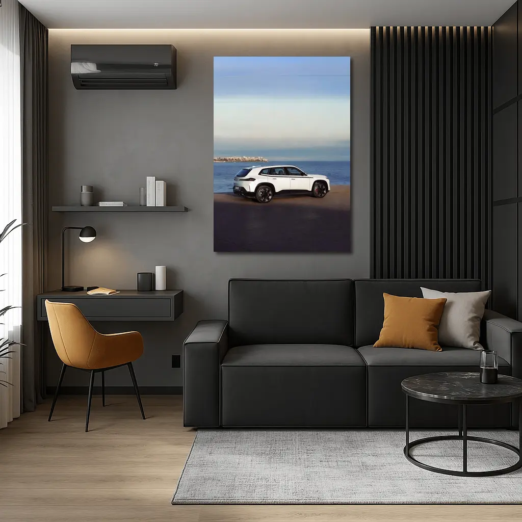 BMW XM White SUV Coastal Ocean View – Wall Art