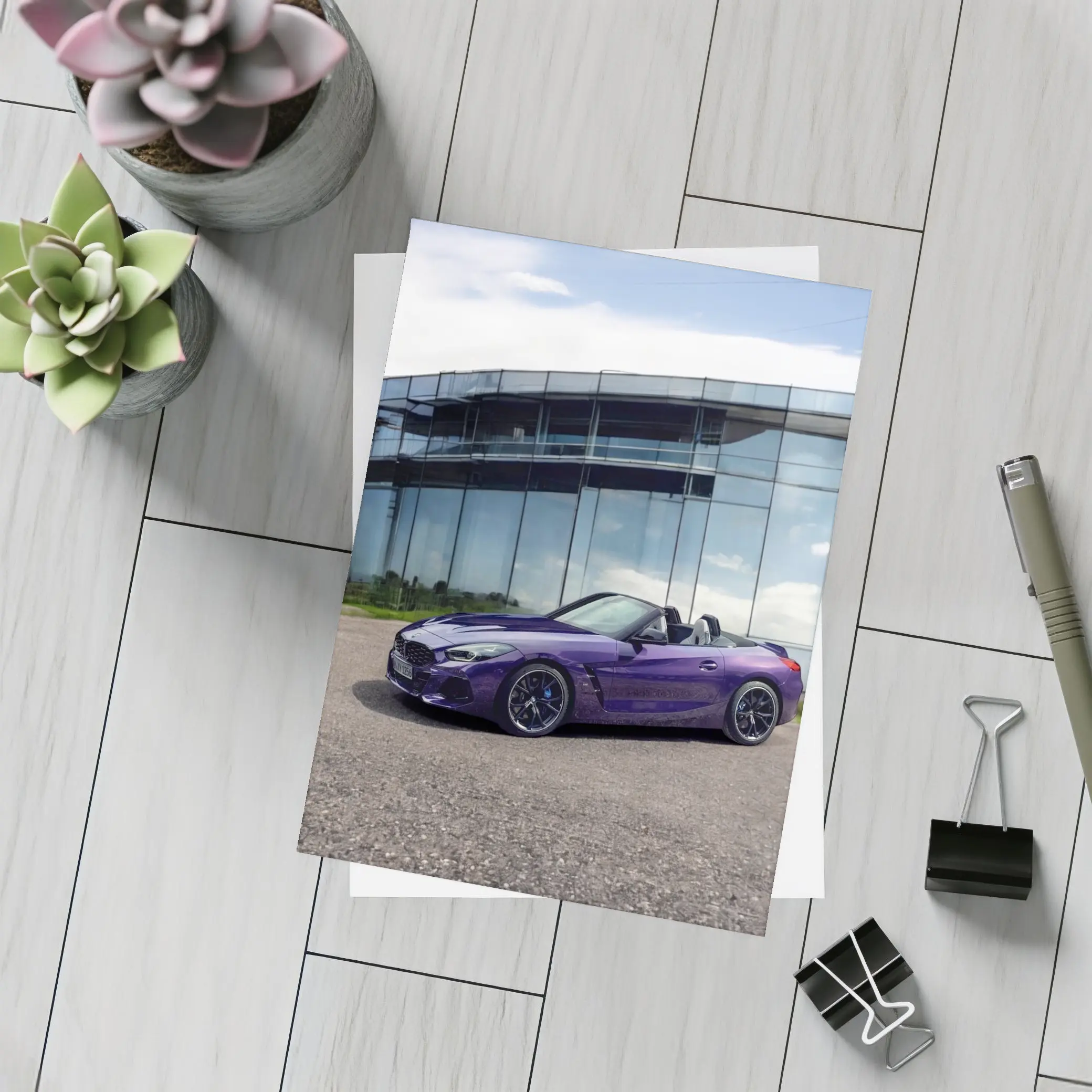 BMW Z4 Purple Roadster Glass Building – Postcards