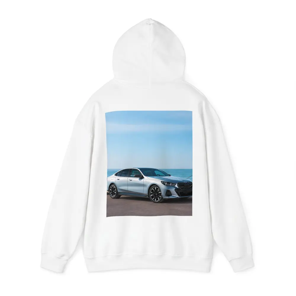 BMW i5 Silver Sedan By The Ocean – Hoodies