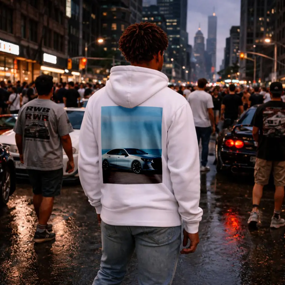 BMW i5 Silver Sedan By The Ocean – Hoodies