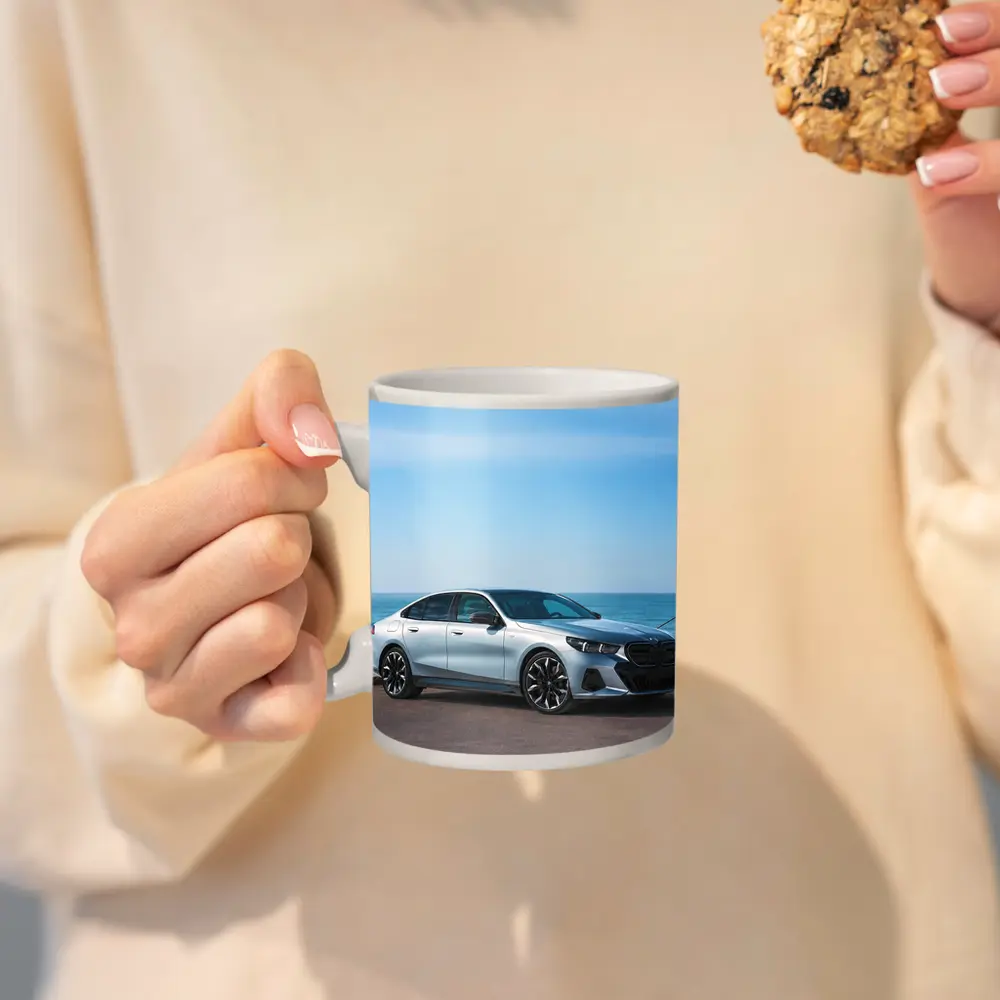 BMW i5 Silver Sedan By The Ocean – Mugs