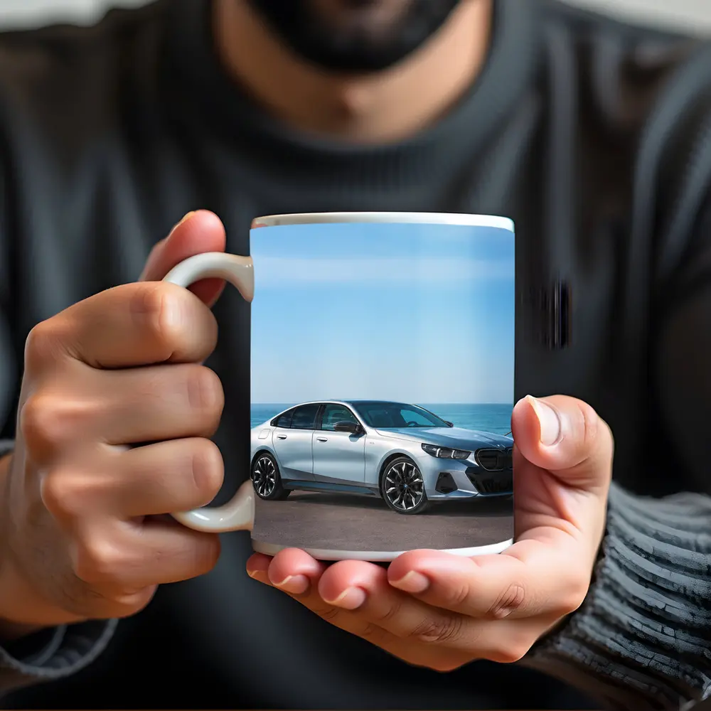 BMW i5 Silver Sedan By The Ocean – Mugs