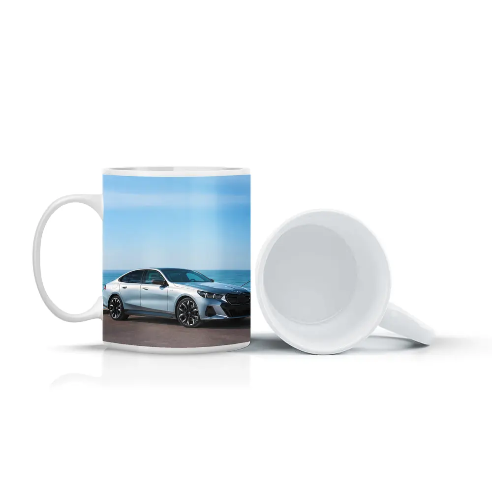 BMW i5 Silver Sedan By The Ocean – Mugs