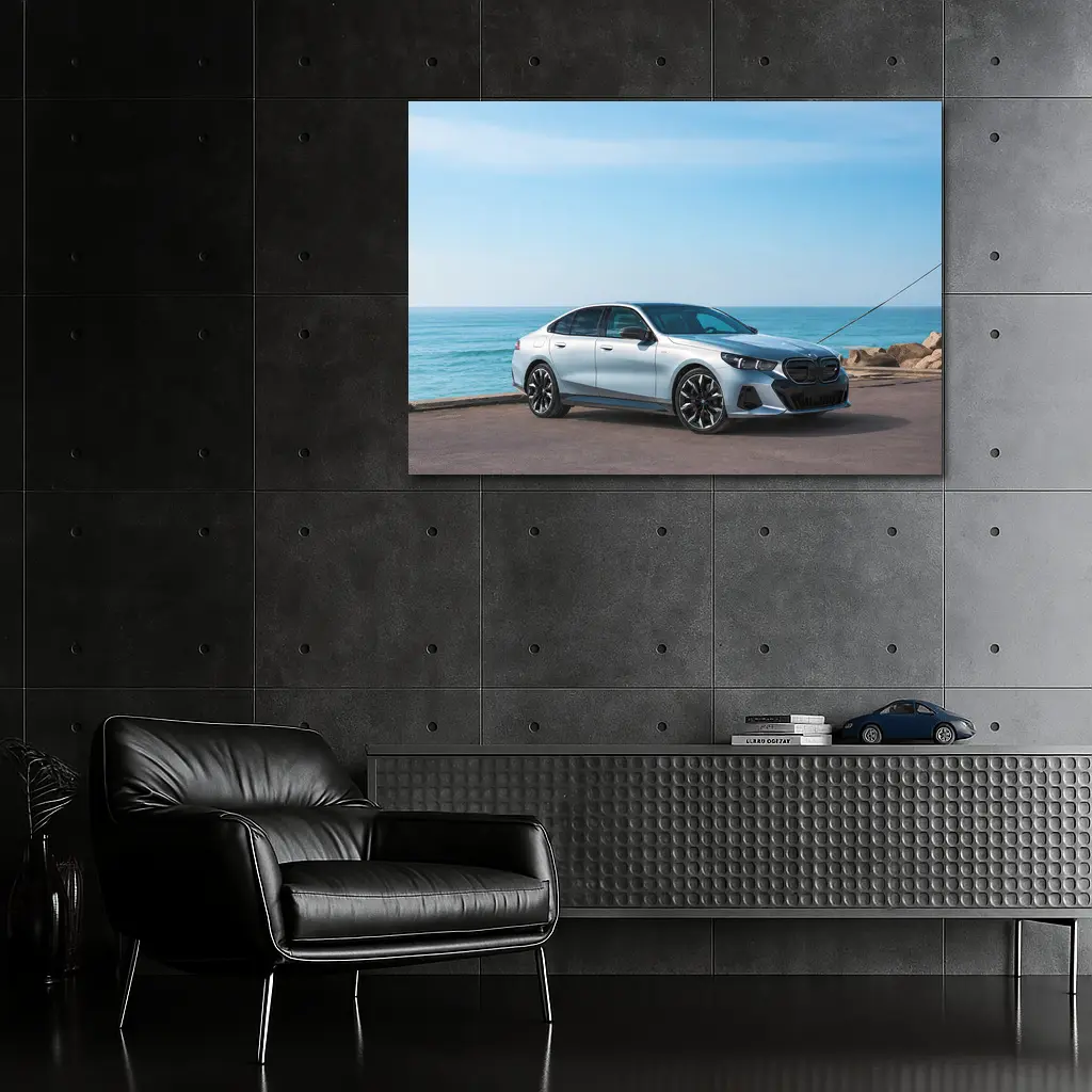 BMW i5 Silver Sedan By The Ocean – Wall Art