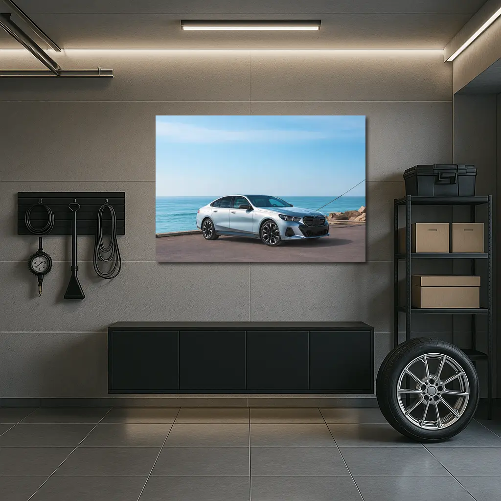 BMW i5 Silver Sedan By The Ocean – Wall Art