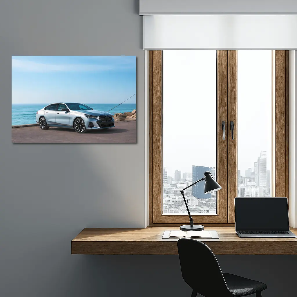 BMW i5 Silver Sedan By The Ocean – Wall Art