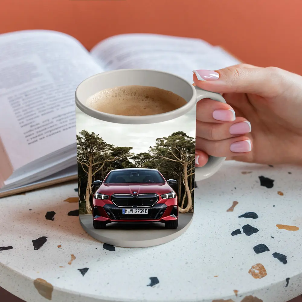 BMW i5 M60 Red Sedan Forest Road – Mugs