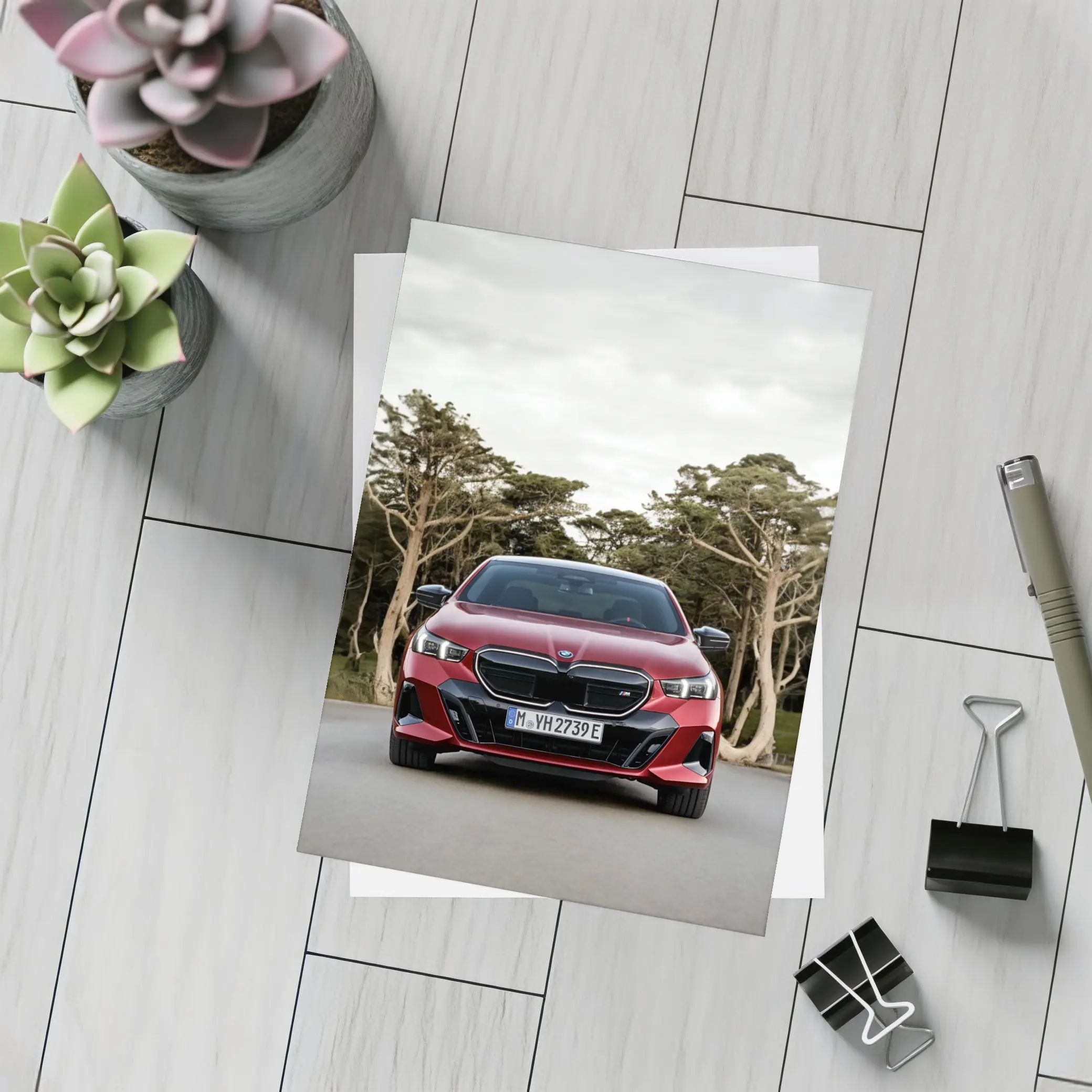 BMW i5 M60 Red Sedan Forest Road – Postcards