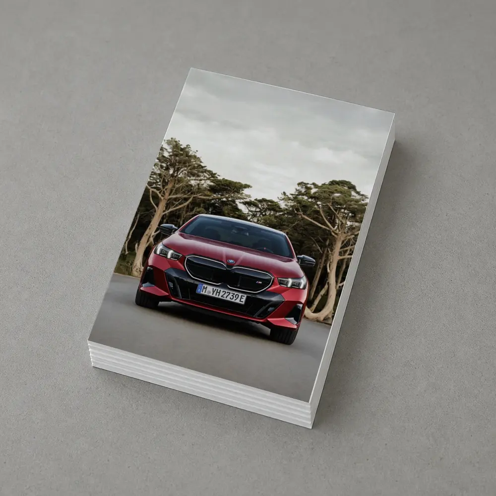 BMW i5 M60 Red Sedan Forest Road – Postcards