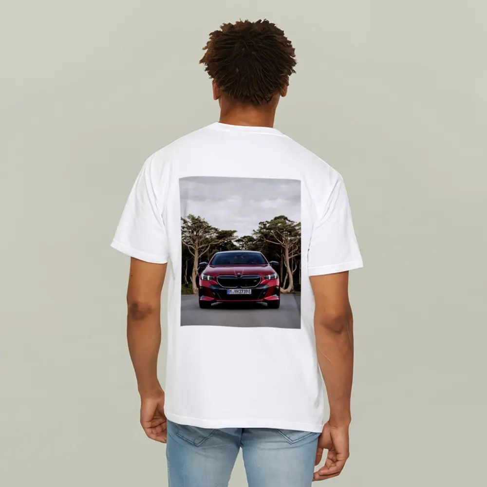 BMW i5 M60 Red Sedan Forest Road – T-Shirts