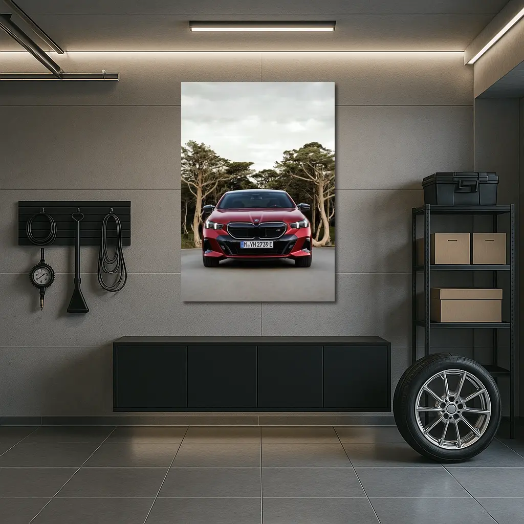 BMW i5 M60 Red Sedan Forest Road – Wall Art