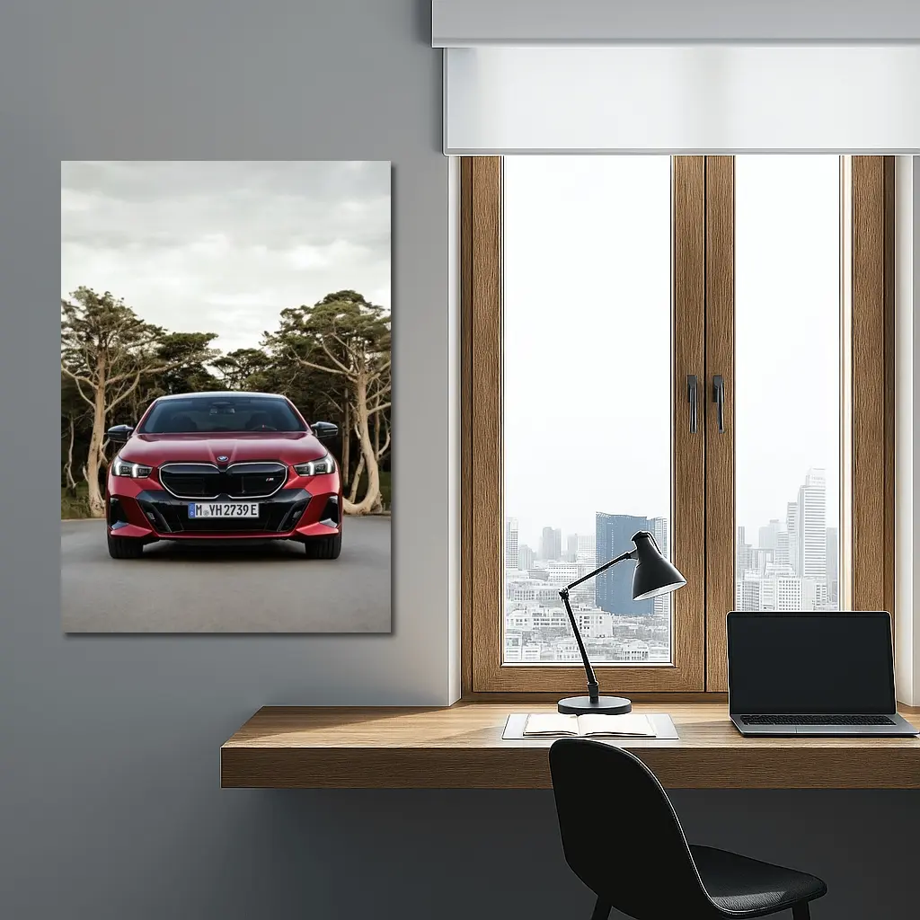 BMW i5 M60 Red Sedan Forest Road – Wall Art