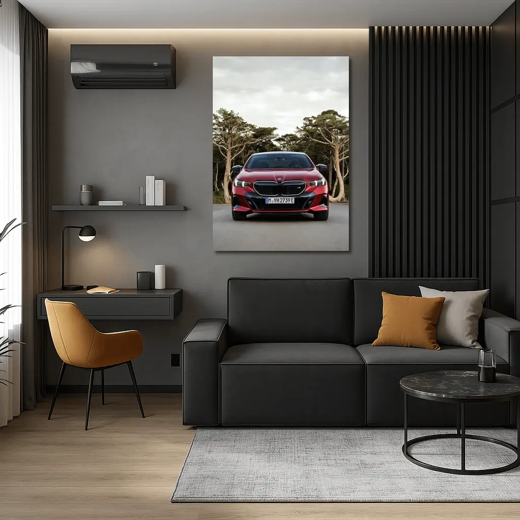 BMW i5 M60 Red Sedan Forest Road – Wall Art