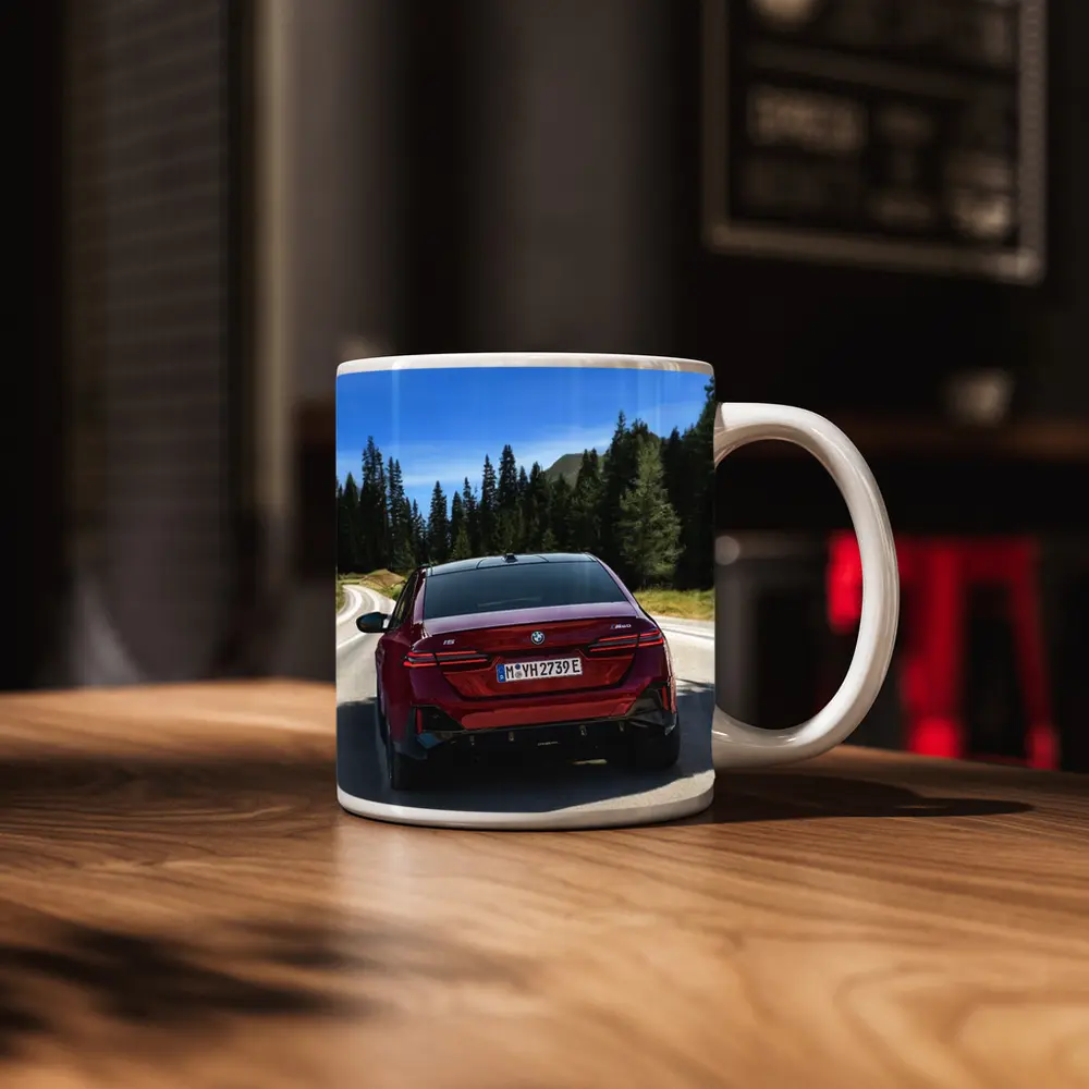 BMW i5 M60 Red Sedan Mountain Road – Mugs