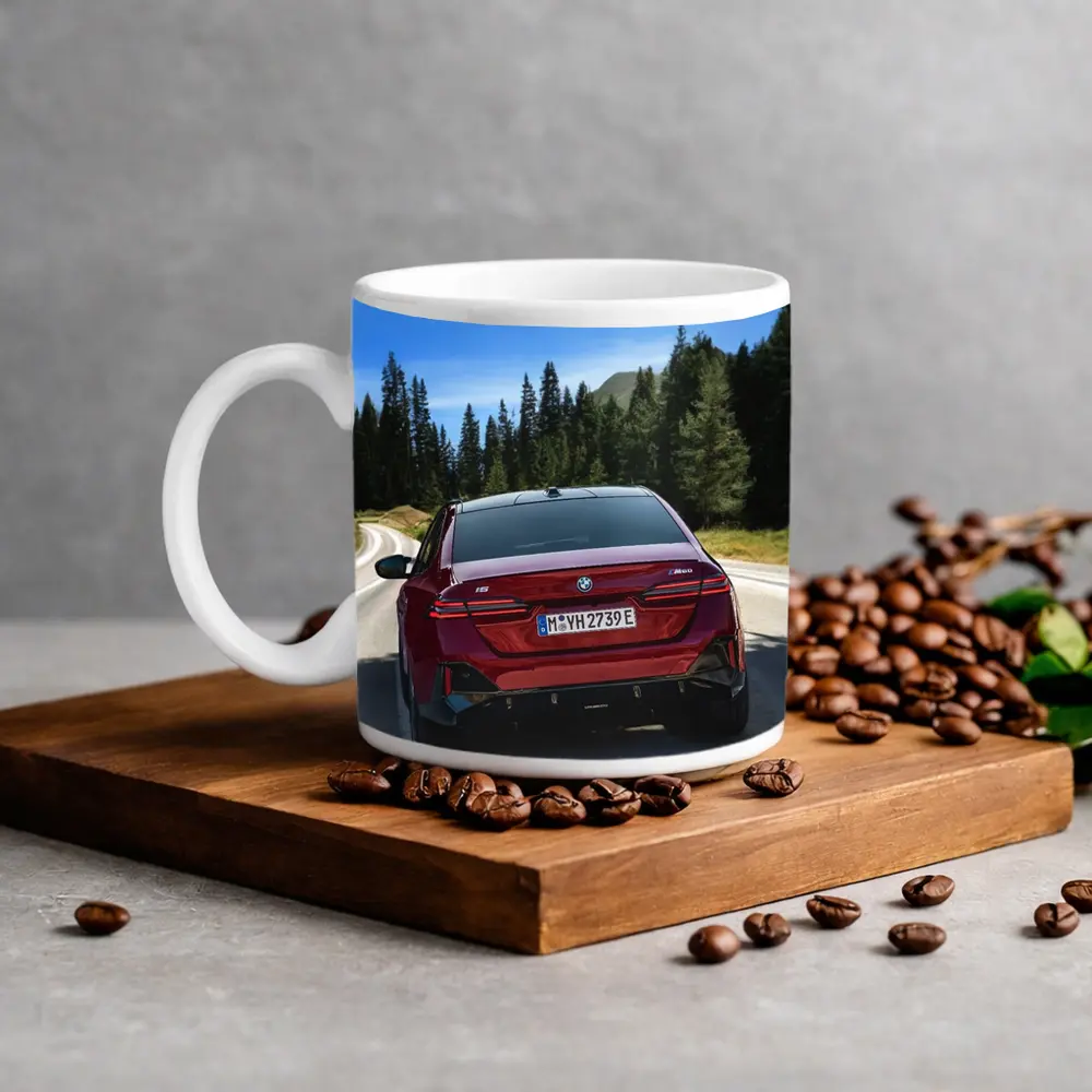 BMW i5 M60 Red Sedan Mountain Road – Mugs