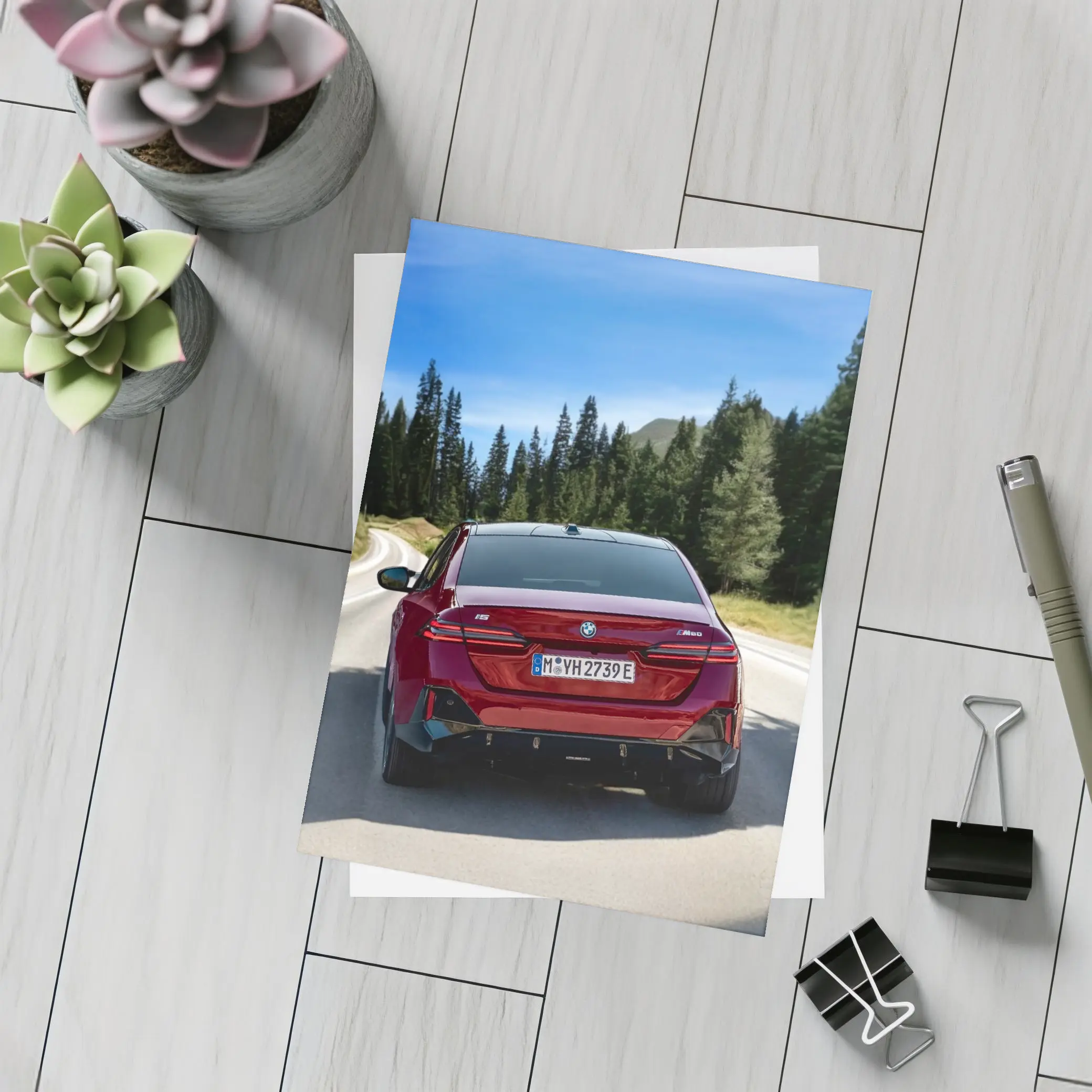 BMW i5 M60 Red Sedan Mountain Road – Postcards