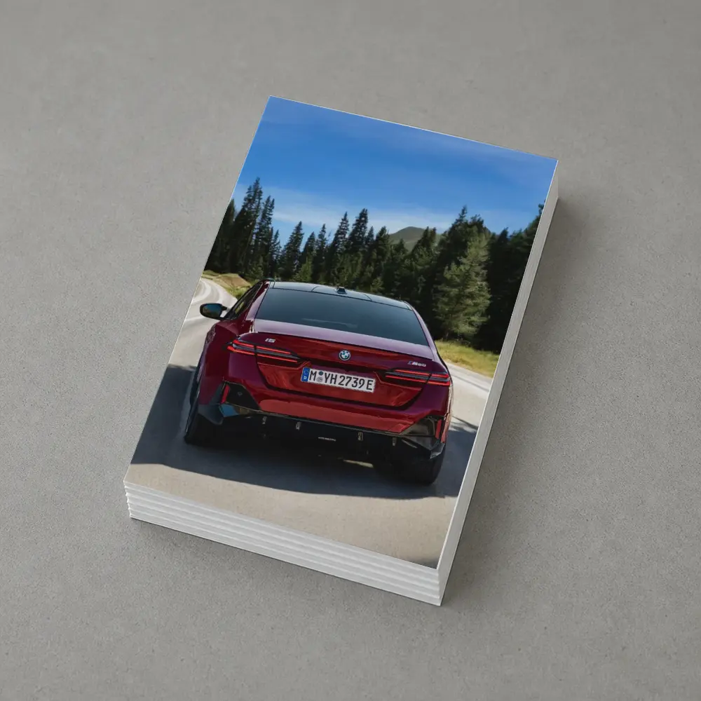 BMW i5 M60 Red Sedan Mountain Road – Postcards