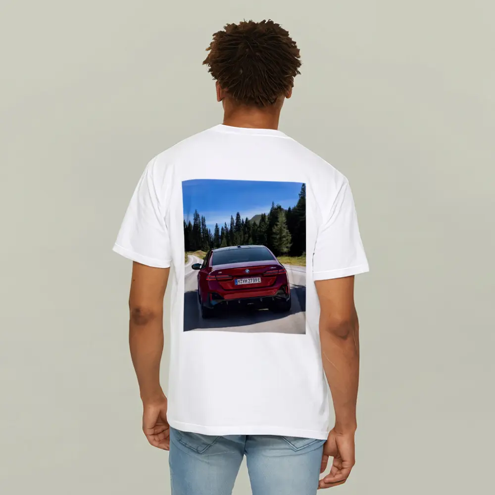 BMW i5 M60 Red Sedan Mountain Road – T-Shirts