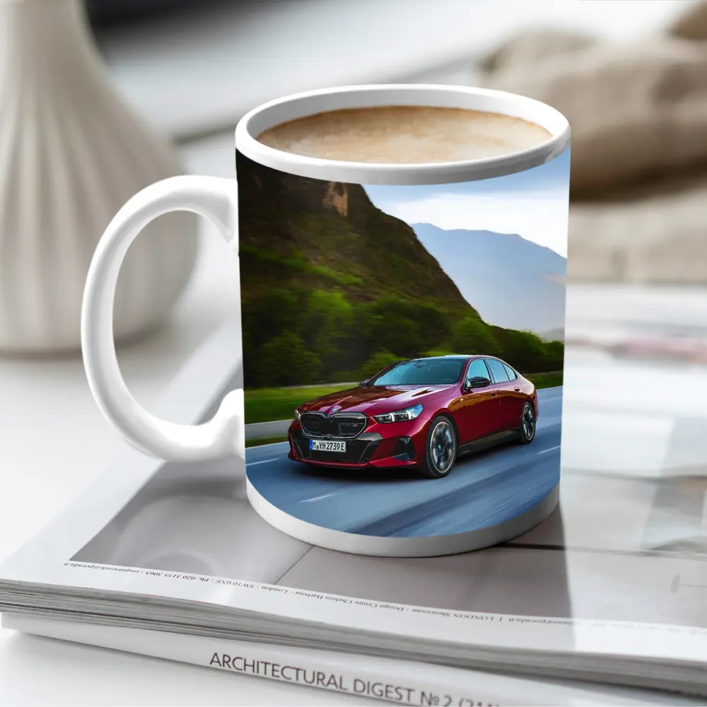 BMW i5 M60 Red Sedan Mountain Road – Mugs