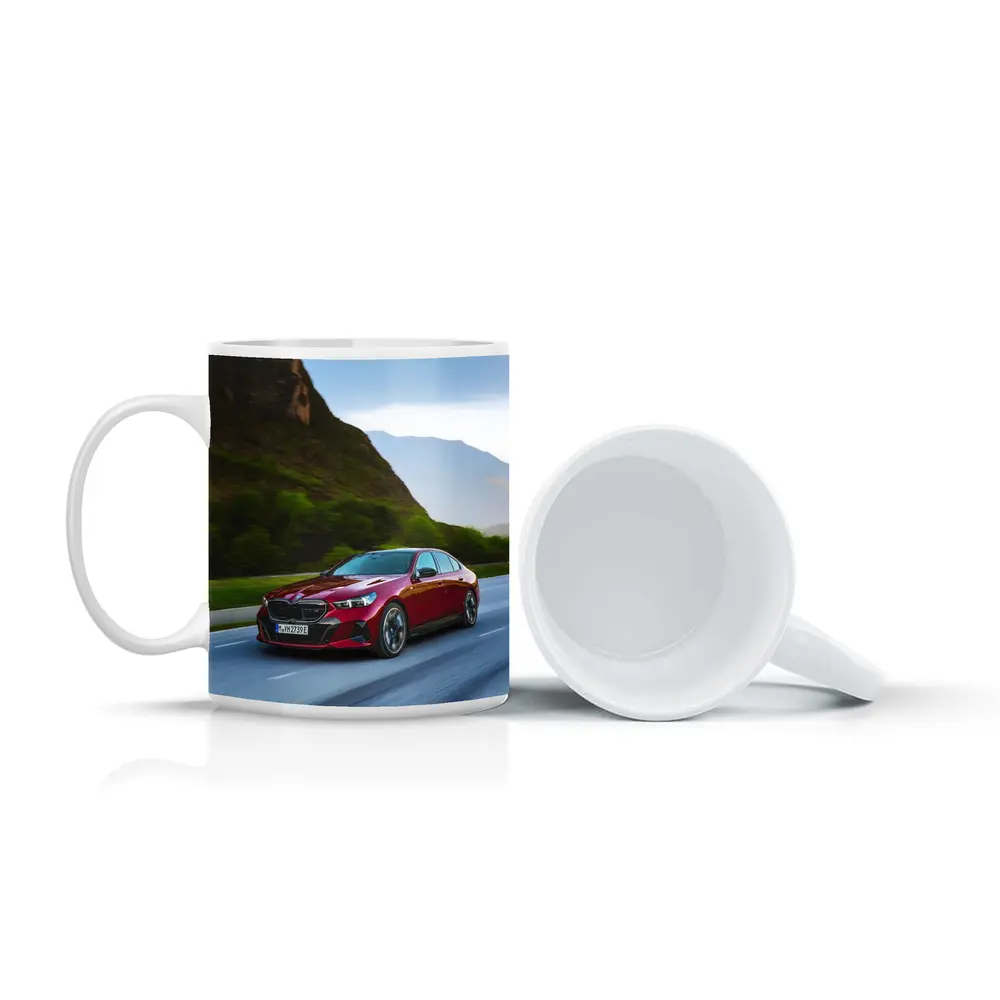 BMW i5 M60 Red Sedan Mountain Road – Mugs