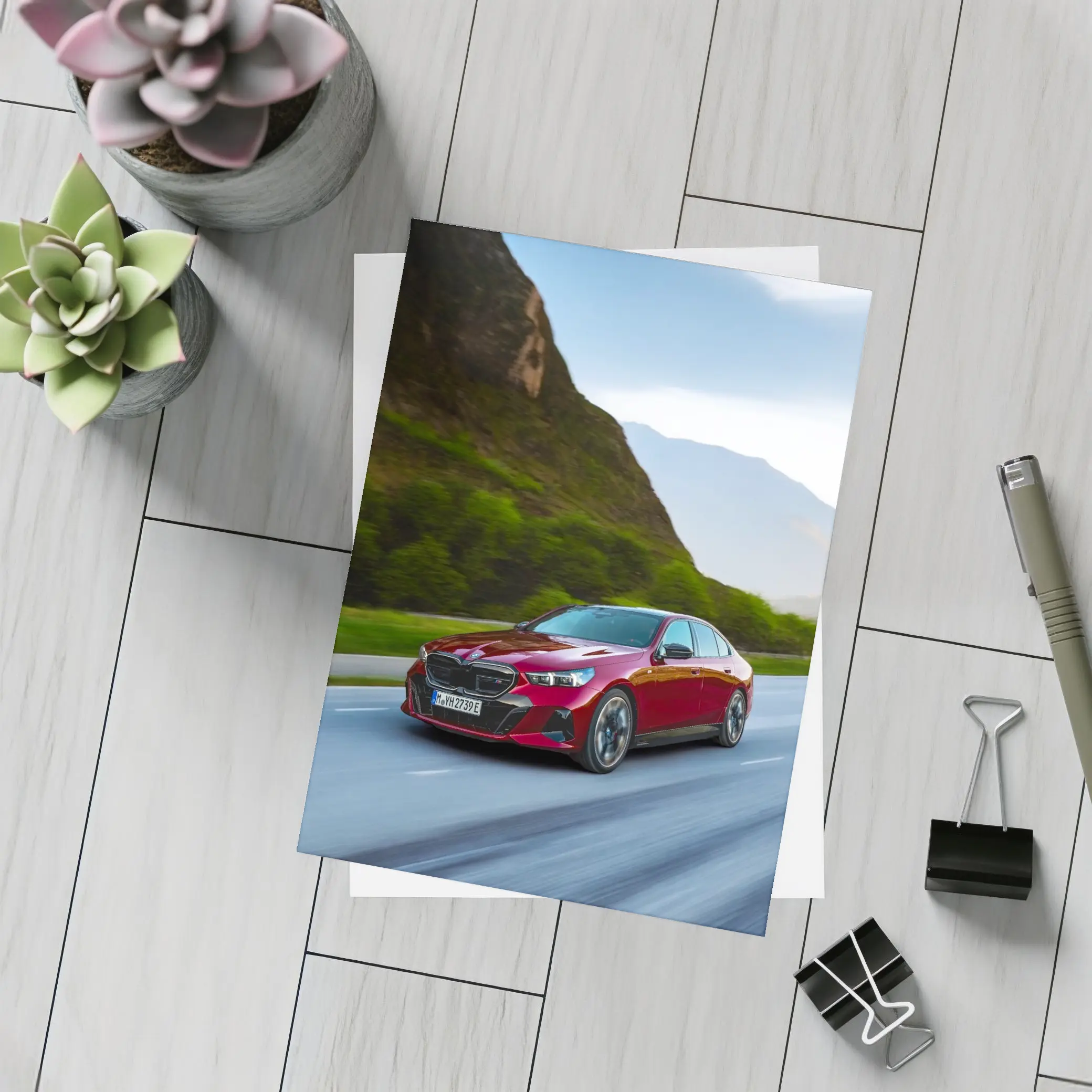 BMW i5 M60 Red Sedan Mountain Road – Postcards