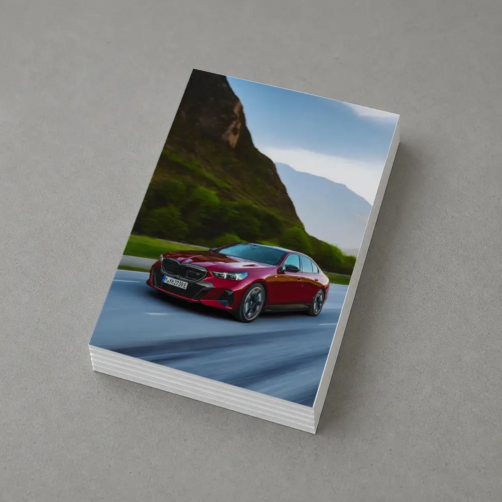 BMW i5 M60 Red Sedan Mountain Road – Postcards
