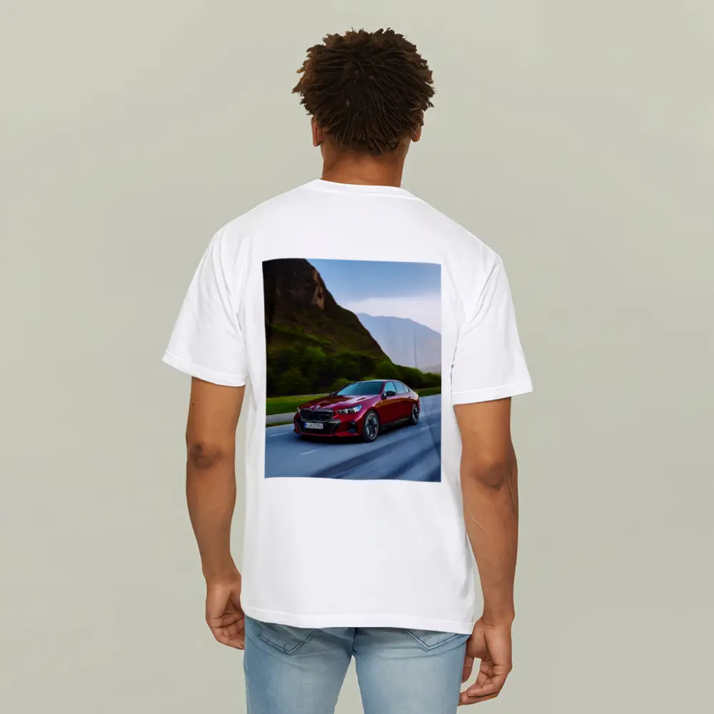 BMW i5 M60 Red Sedan Mountain Road – T-Shirts