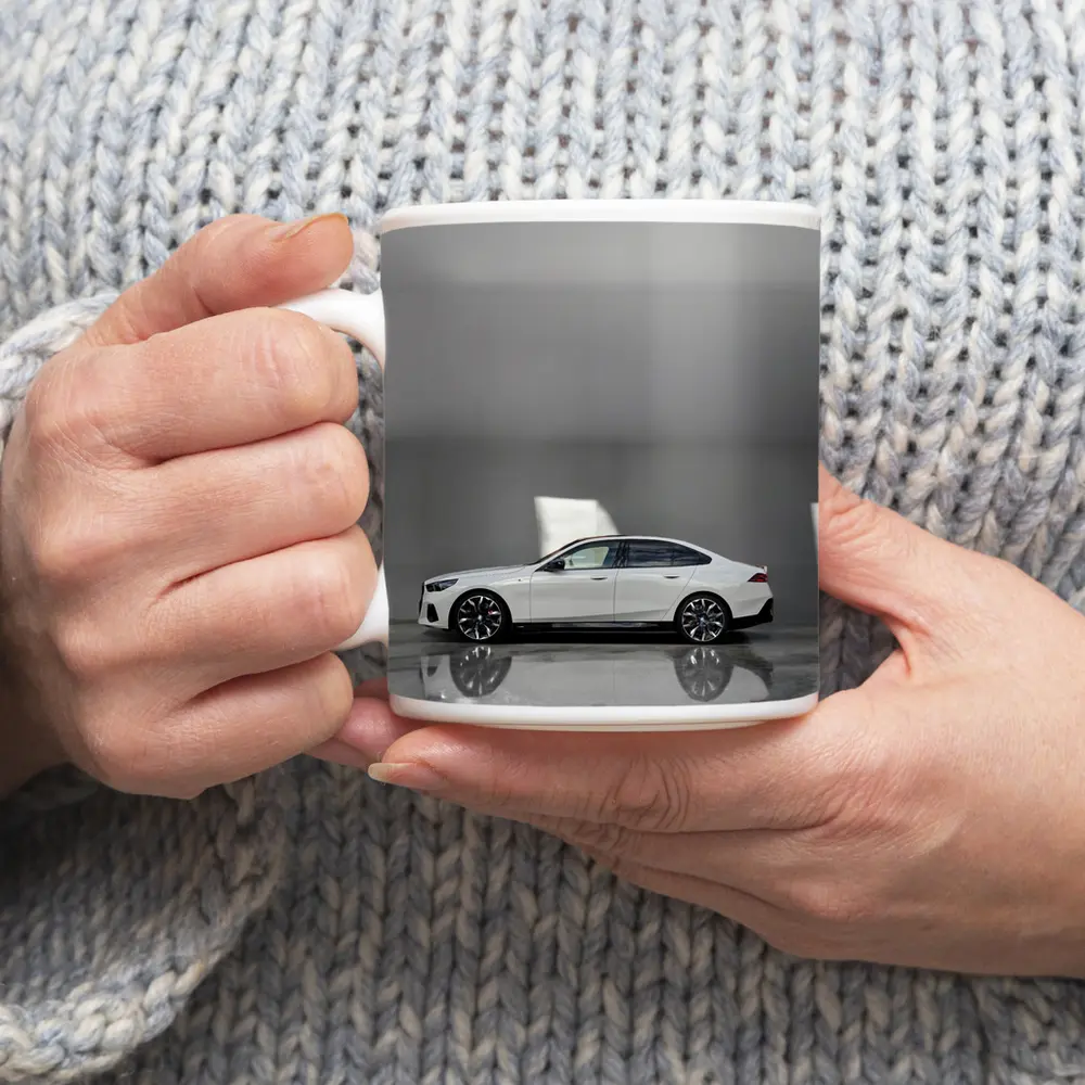 BMW i5 Sedan White Minimalist Concrete Setting – Mugs