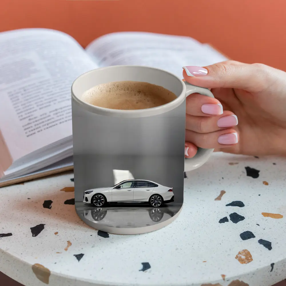 BMW i5 Sedan White Minimalist Concrete Setting – Mugs