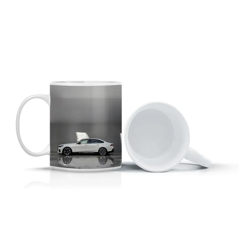 BMW i5 Sedan White Minimalist Concrete Setting – Mugs