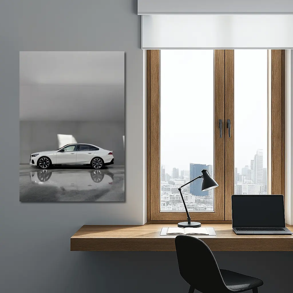 BMW i5 Sedan White Minimalist Concrete Setting – Wall Art